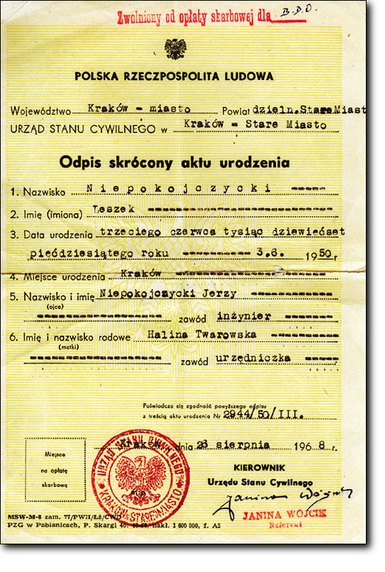 Niepokojczycki Leszek: Akt Urodzenia
